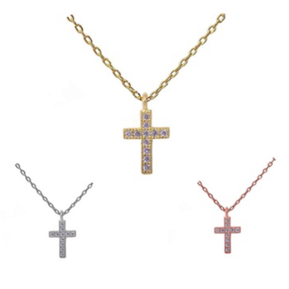 Tiny Cross Pendant Necklace Round Pave CZ 925